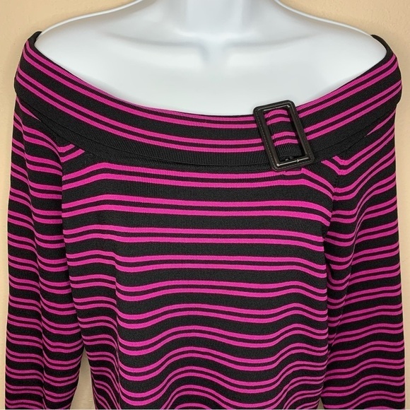 Cable & Gauge Fuchsia Pink Black Striped Knit Blouse Off Shoulder Large - Picture 3 of 8